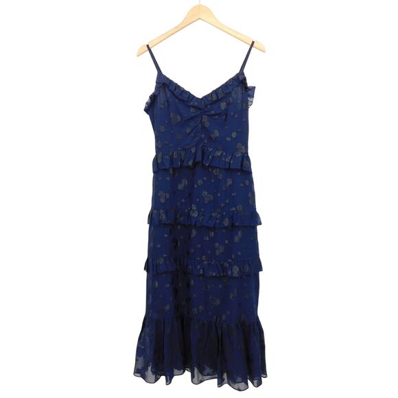 Michael Kors Women's Navy Blue‎ Dot Print Tiered Ruffle Midi Dress Size Medium - Picture 1 of 6